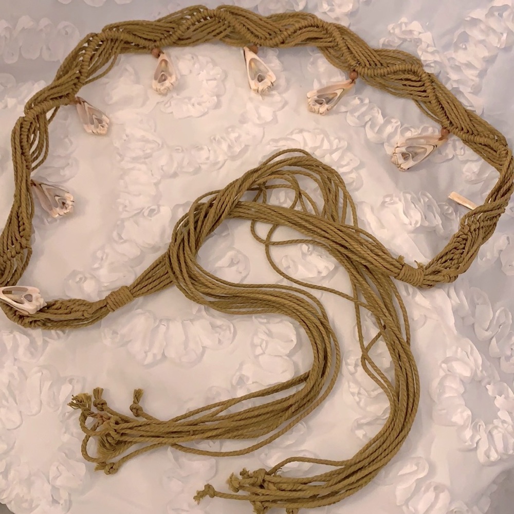 Macrame Seashell Slices Wooden Bead Artisan Tie Belt Natural Beachy Hippie Cool